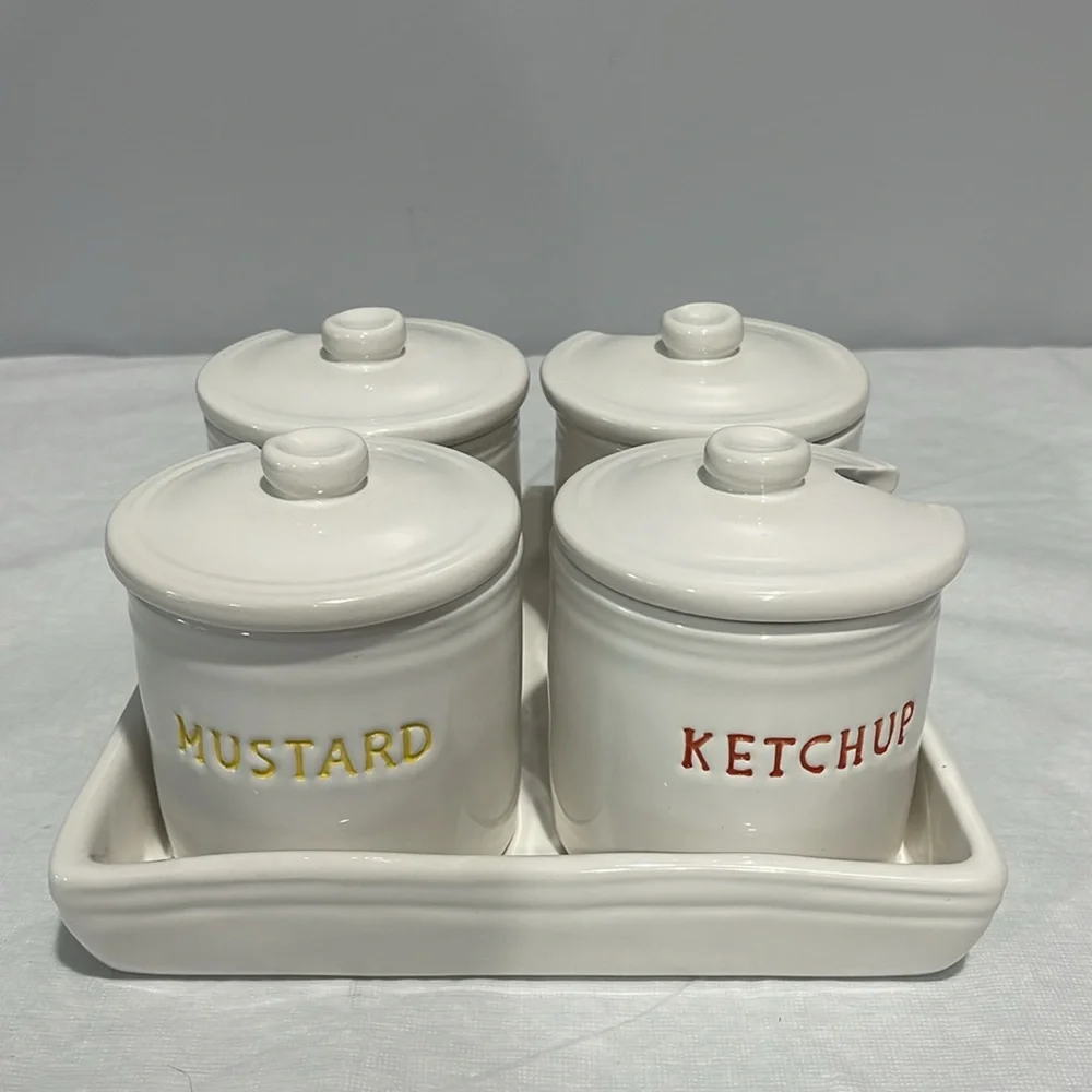 Williams-Sonoma BBQ Condiment Jar Set Ketchup Mustard Relish Mayo With Tray
